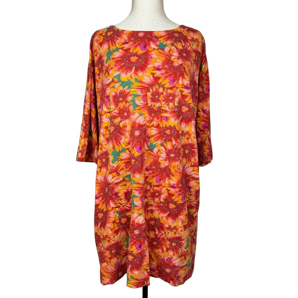 Peruvian Connection 100% Pima Cotton Floral Fresco Tunic Dress L Boho Lagenlook